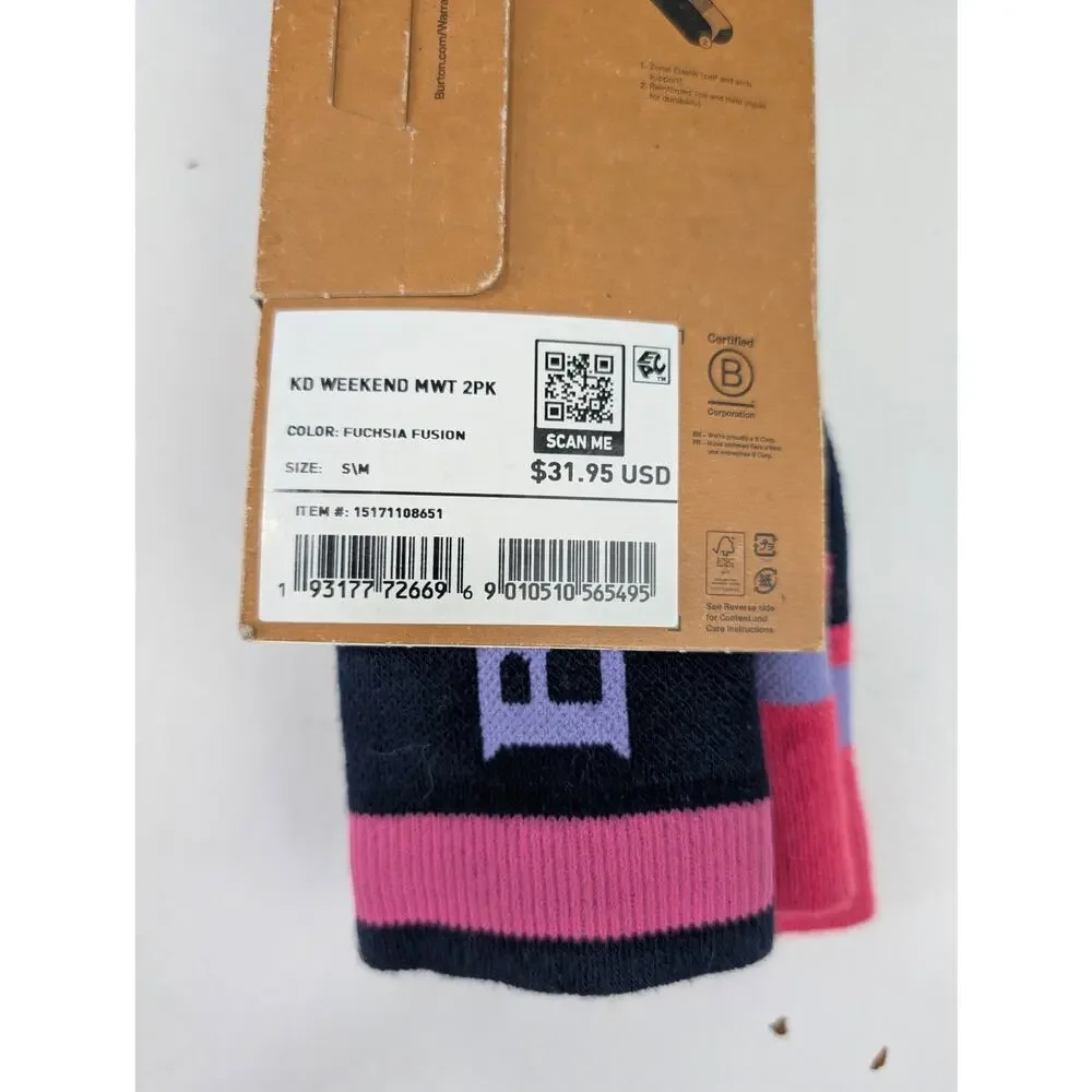 Burton Kids S/M Weekend Midweight 2-Pack Ski Socks - Pink/Navy